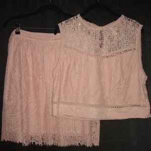 Two-piece Cream Pink Lace Sleeveless Dress